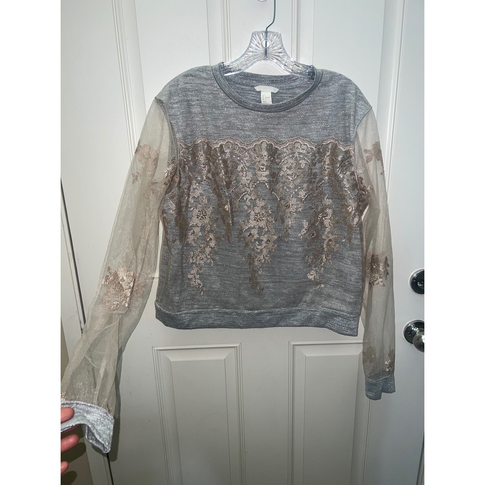 HM Womens Metallic Silver Knit Coquette Sheer Floral Embroidered Mesh Sz L